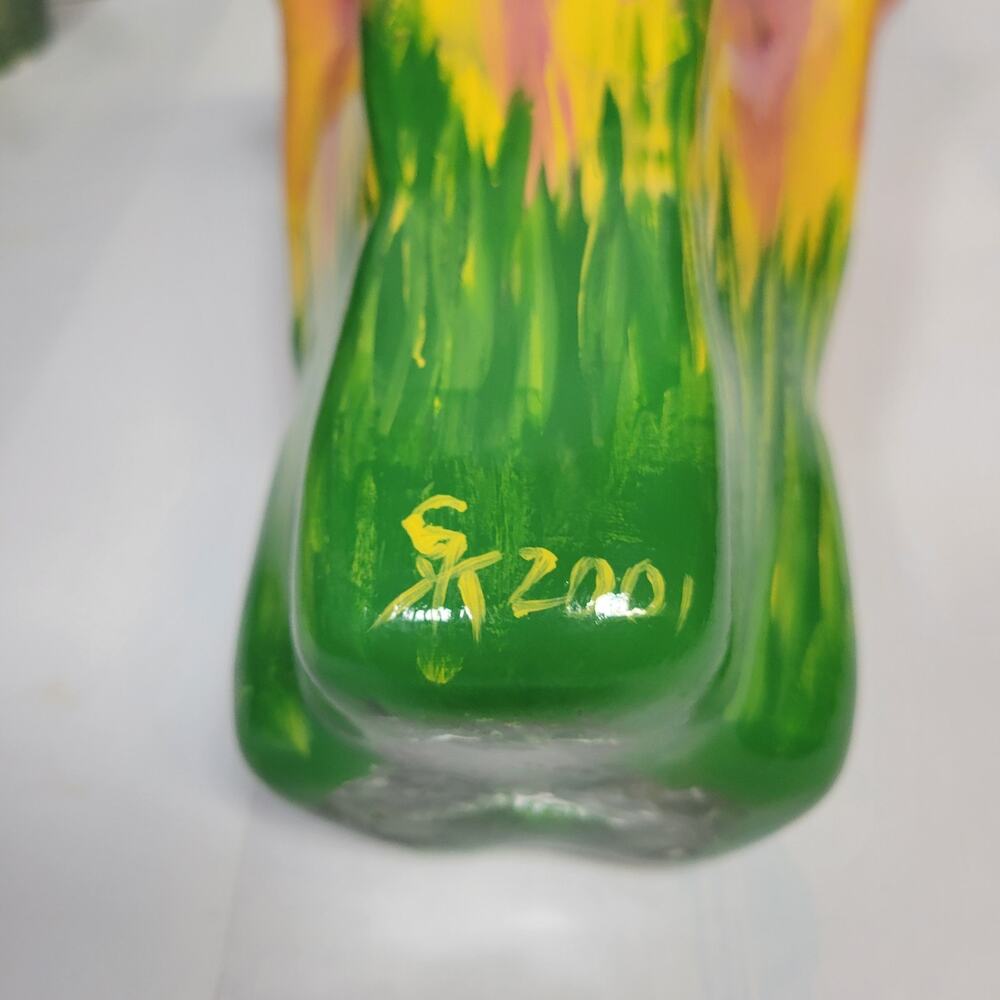 Vintage Ceramic Ruffled Hand Painted Trumpet Flower Vase Pink Yellow Green Grass - Picture 5 of 6